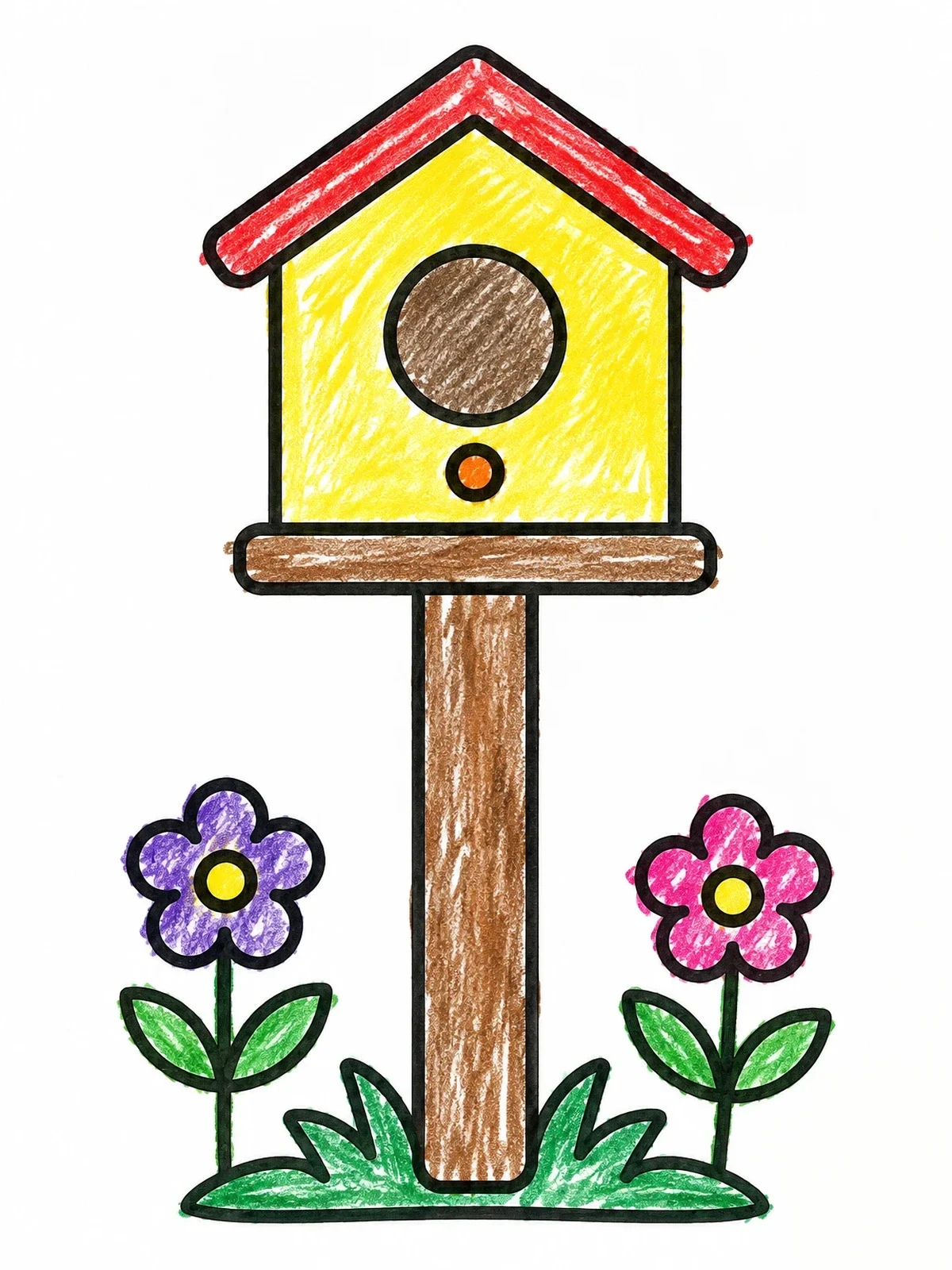 Colored example of the Simple Birdhouse On A Garden Post coloring page