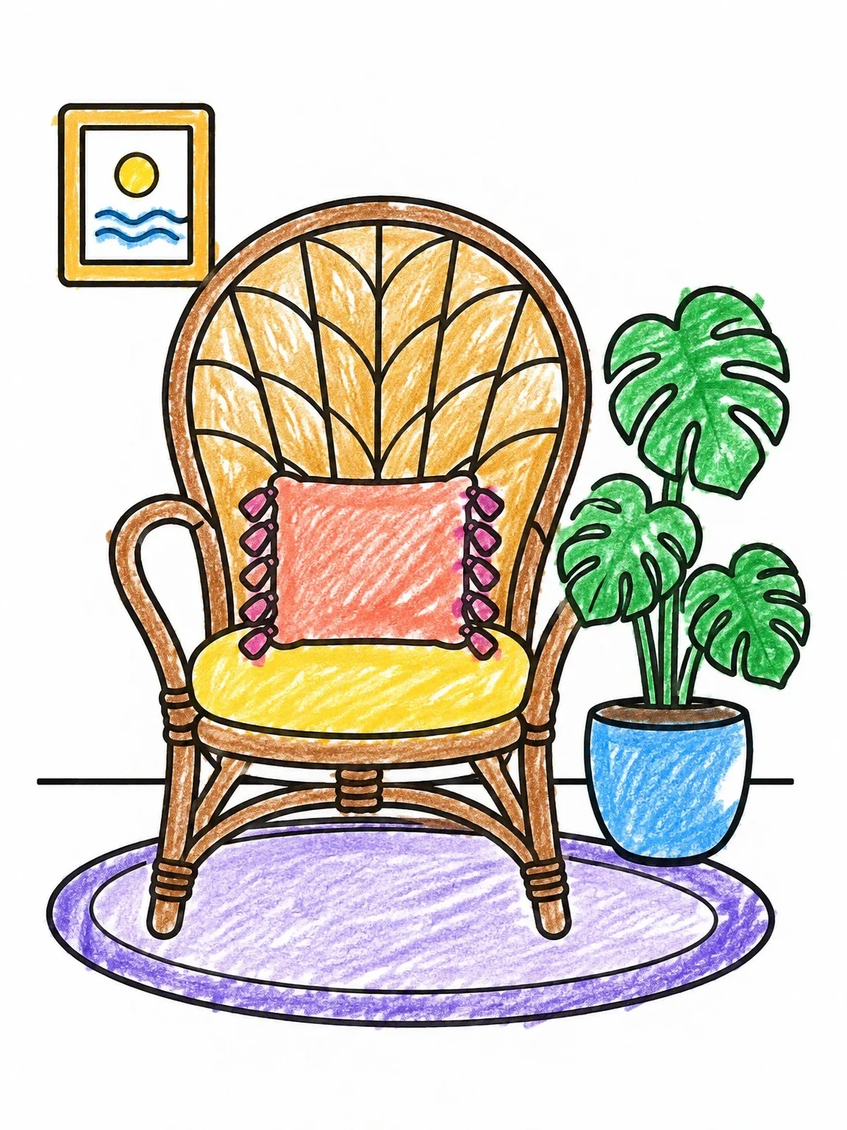 Colored example of the Cozy Boho Rattan Armchair Corner coloring page