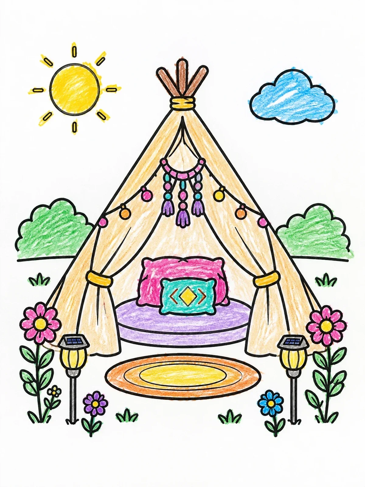 Colored example of the Cozy Glamping Tent In The Garden coloring page