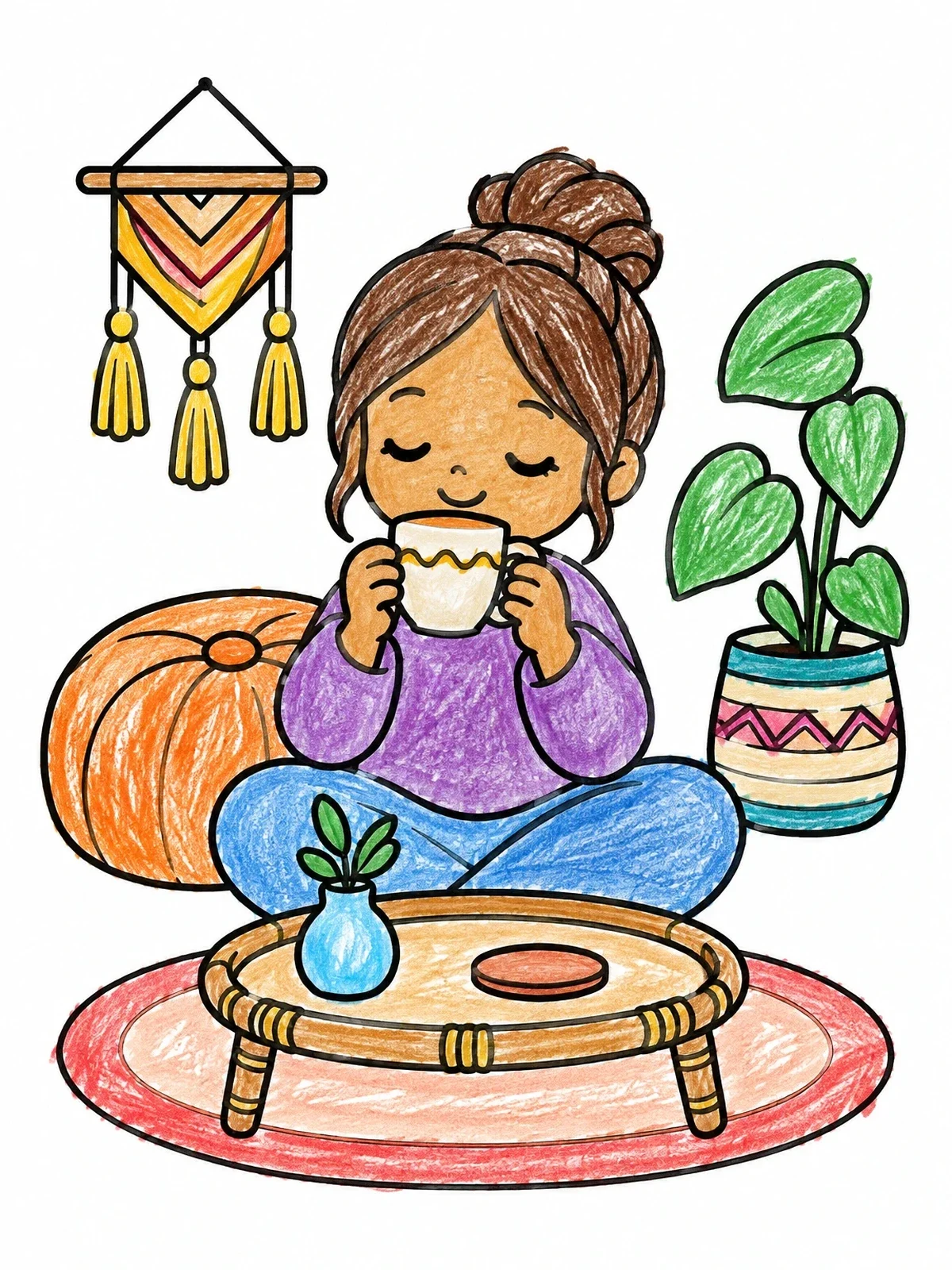 Colored example of the Cozy Tea Time In Boho Room coloring page