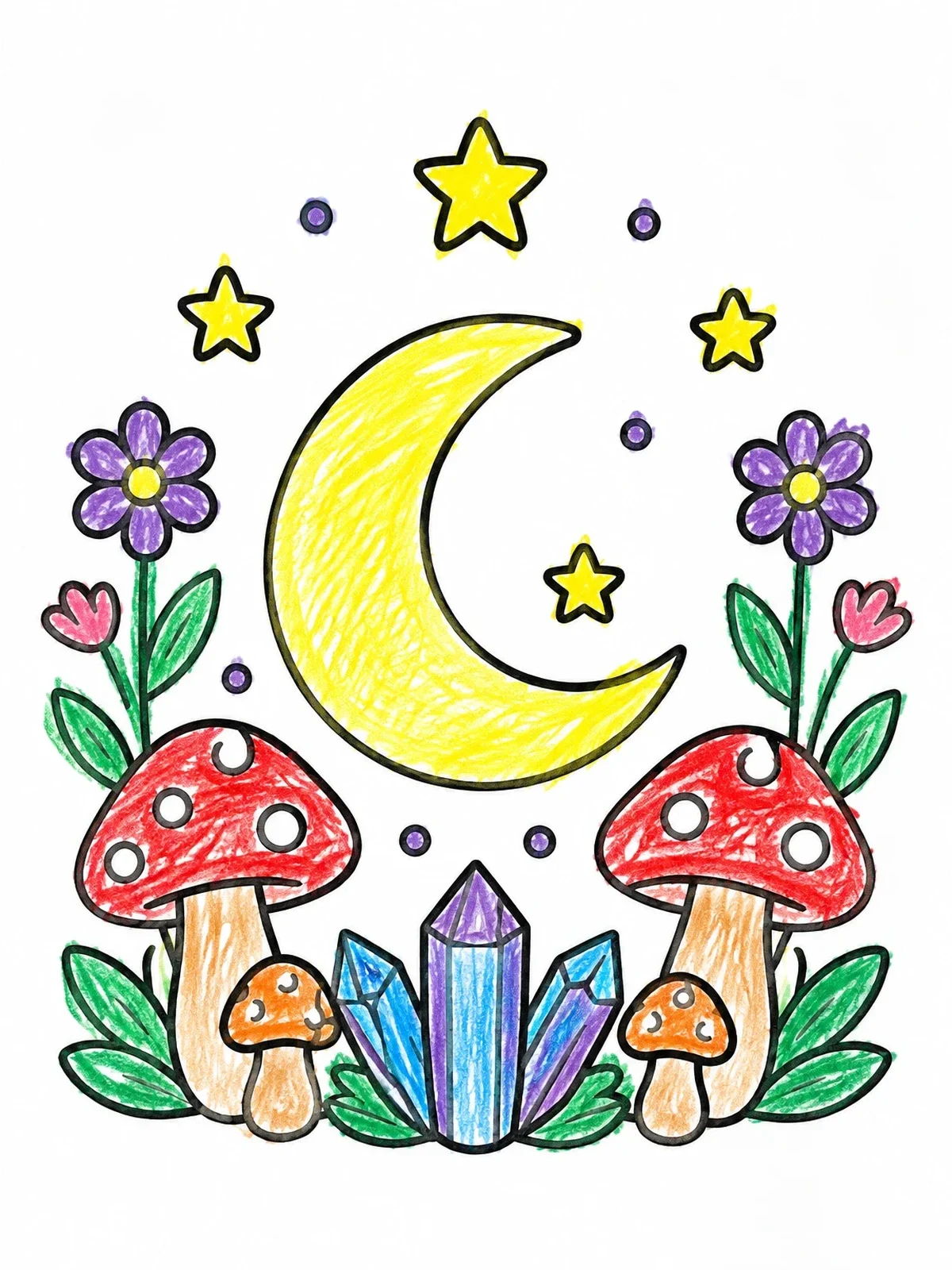 Colored example of the Crescent Moon With Mushrooms And Crystals coloring page