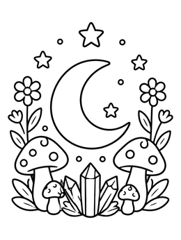Free printable Crescent Moon With Mushrooms And Crystals coloring page