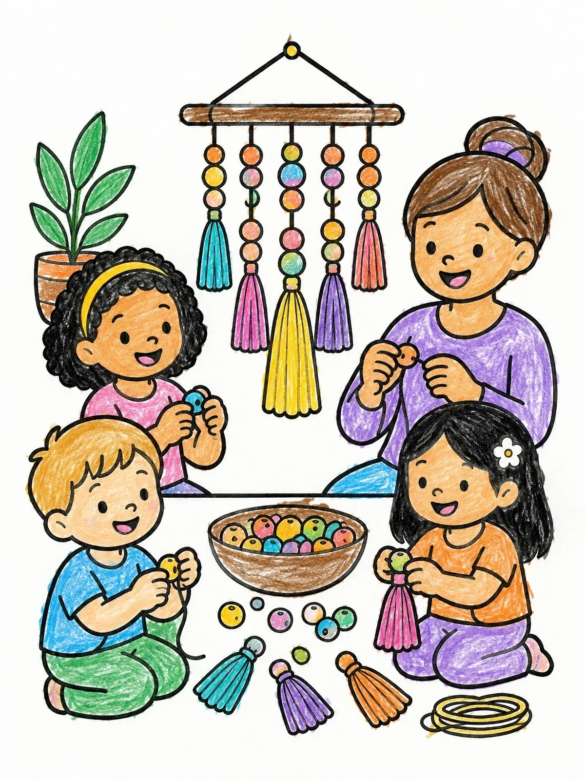 Colored example of the Family Crafting Boho Wall Hanging coloring page