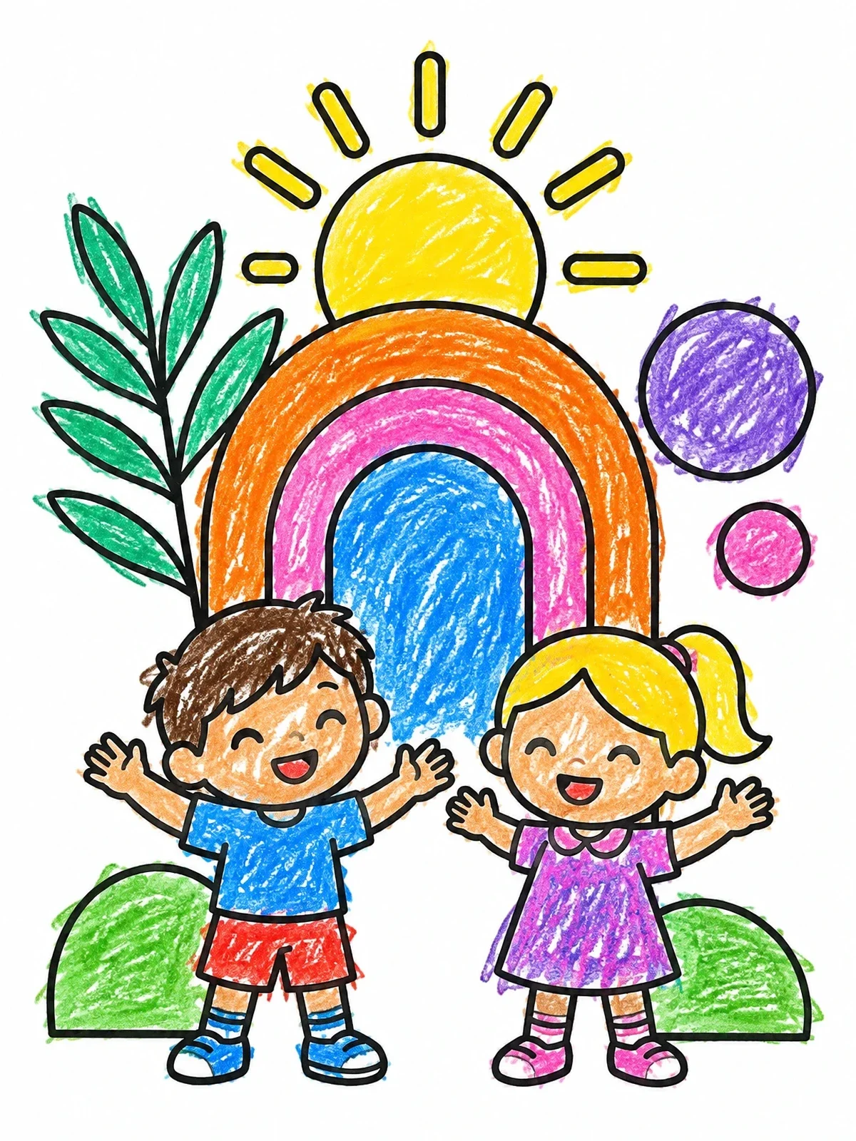Colored example of the Happy Kids With Boho Rainbow Arch coloring page