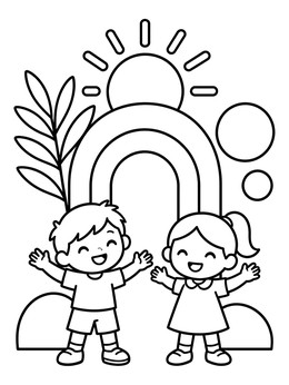 Free printable Happy Kids With Boho Rainbow Arch coloring page