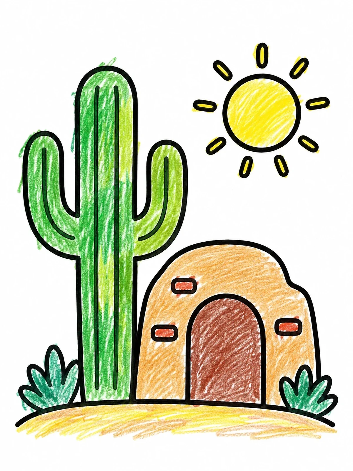 Colored example of the Saguaro Cactus And Adobe Arch coloring page
