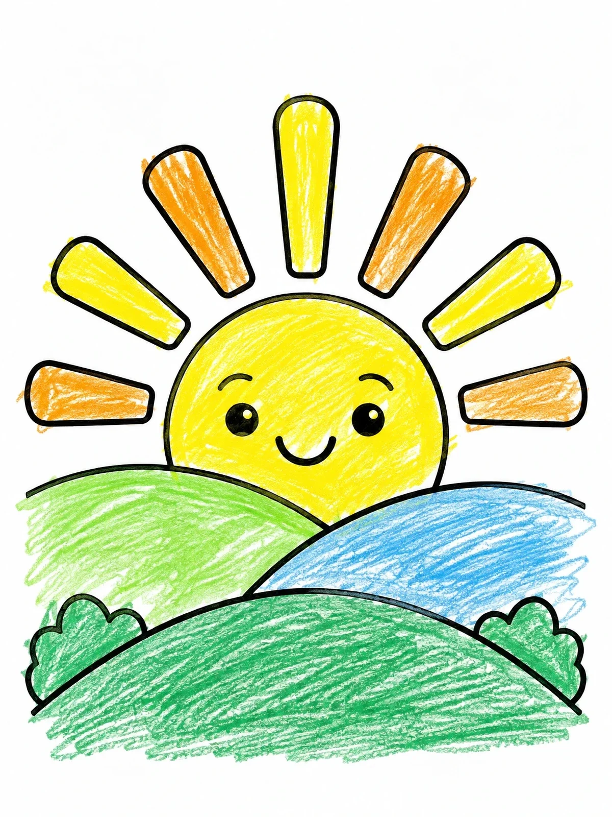 Colored example of the Smiling Boho Sun Over Rolling Hills coloring page