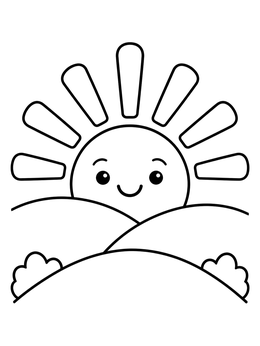 Free printable Smiling Boho Sun Over Rolling Hills coloring page