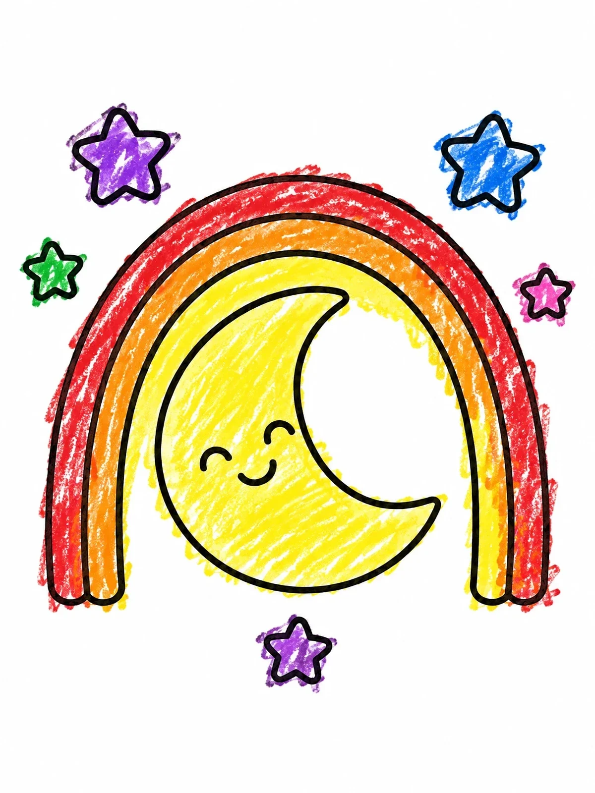 Colored example of the Smiling Moon With Boho Rainbow coloring page