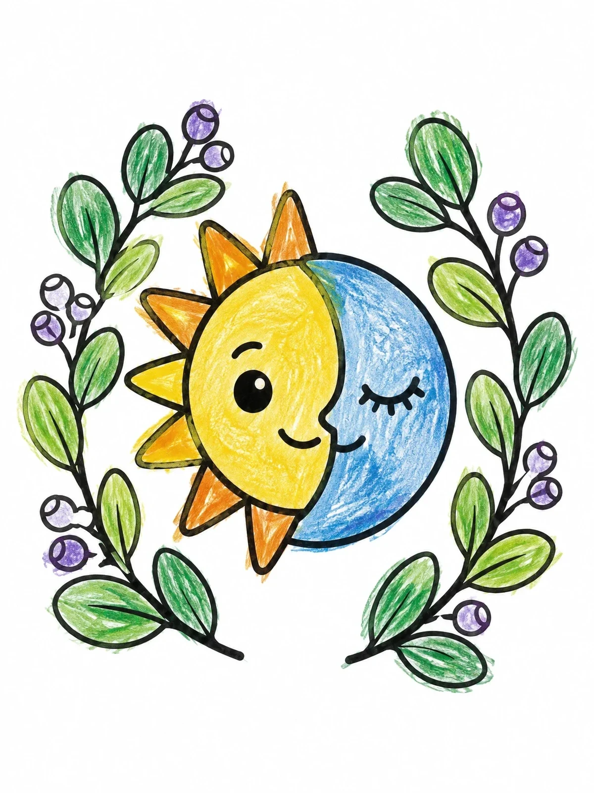 Colored example of the Sun And Moon Boho Wreath coloring page