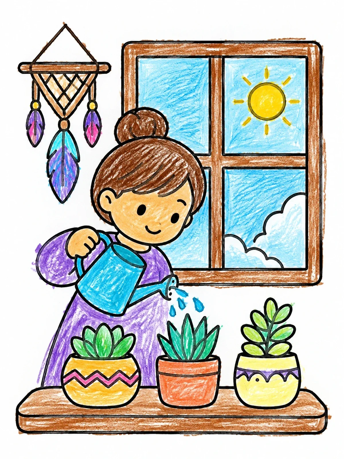 Colored example of the Watering Plants By The Window coloring page
