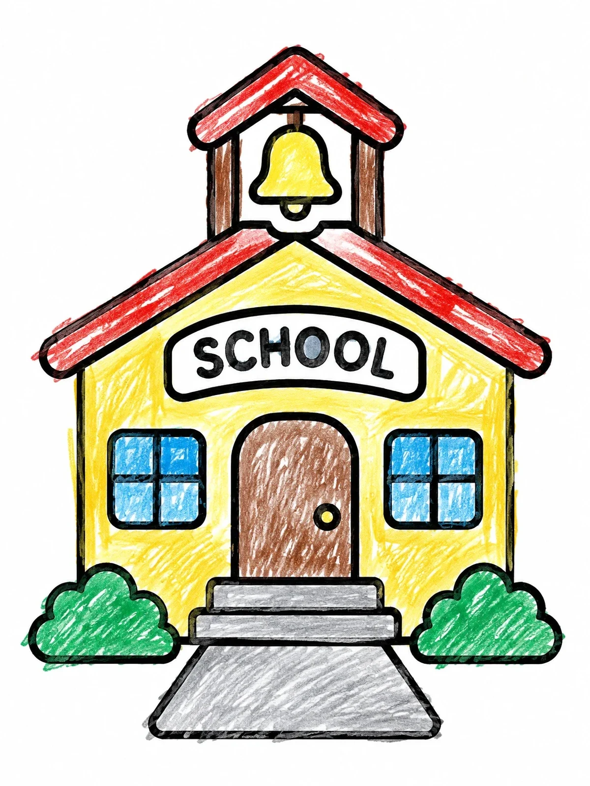 Colored example of the Simple Cartoon Schoolhouse With Bell Tower coloring page
