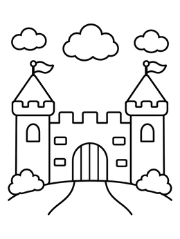 A simple castle coloring page with two round towers, battlements, and fluffy clouds.