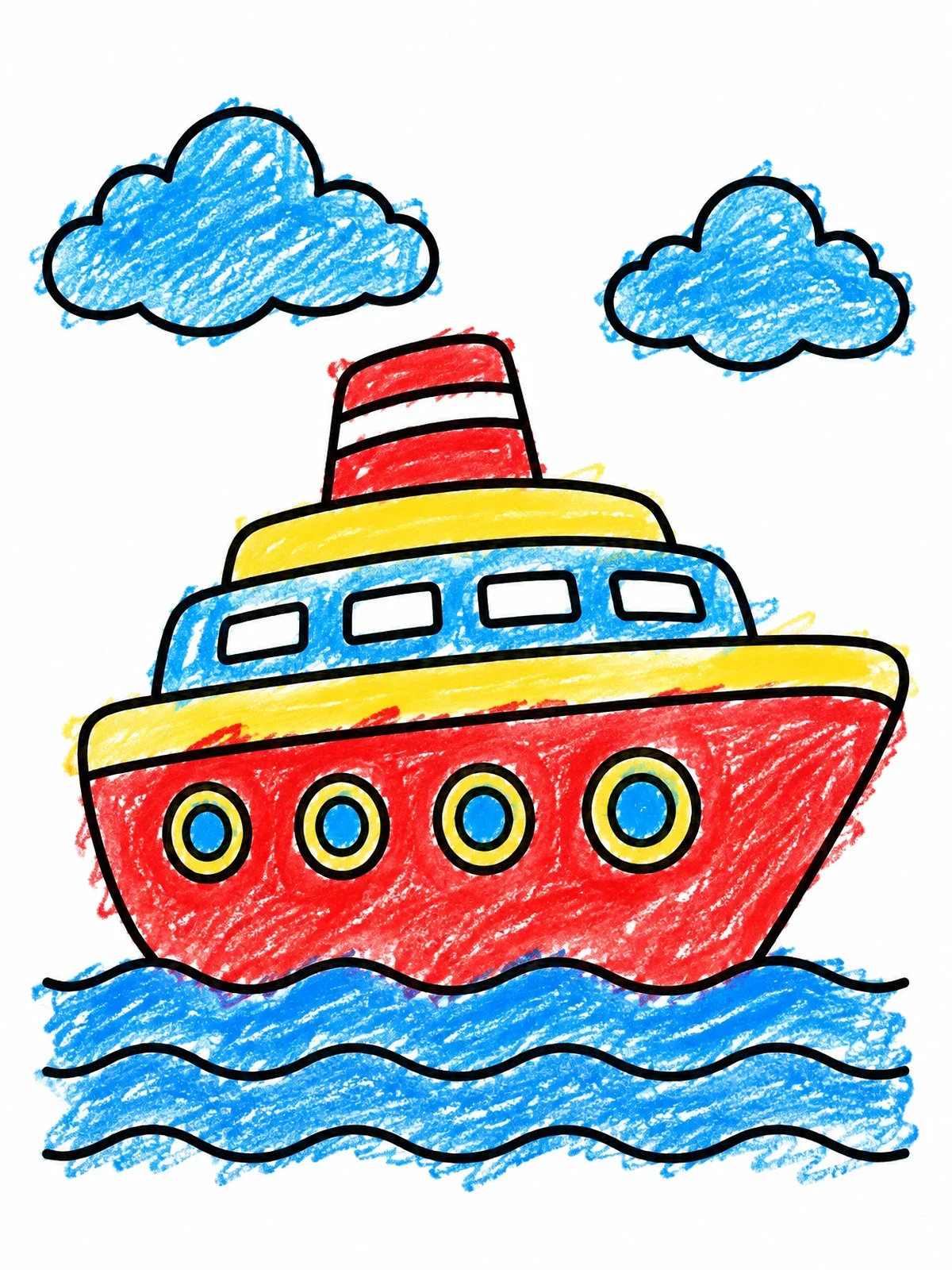 Colored example of the Cartoon Cruise Ship On The Waves coloring page