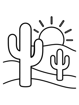 Free printable Simple Desert With Cacti And Sun coloring page
