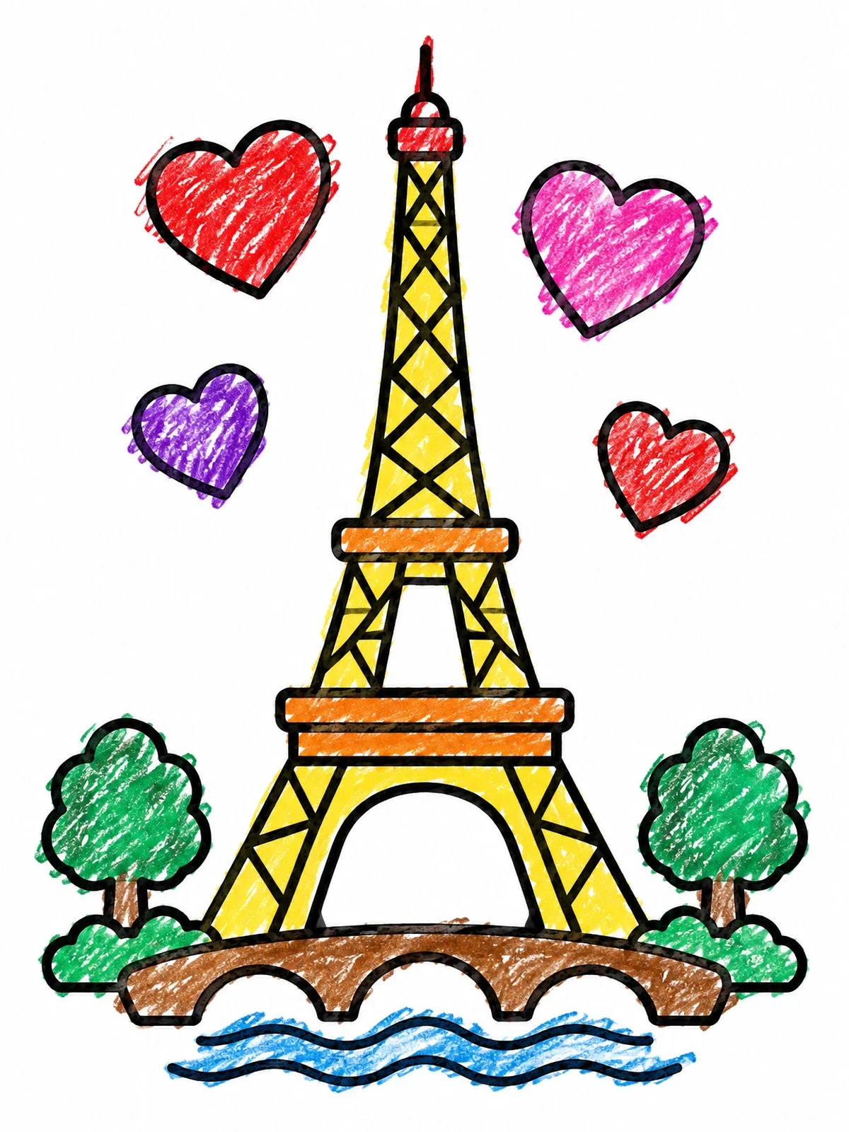 Colored example of the Eiffel Tower With Floating Hearts coloring page