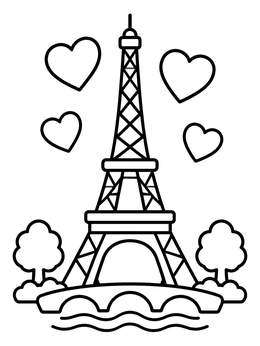 Free printable Eiffel Tower With Floating Hearts coloring page