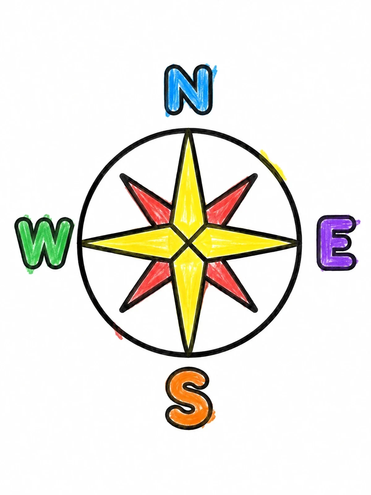 Colored example of the Simple Eight Point Compass Rose coloring page