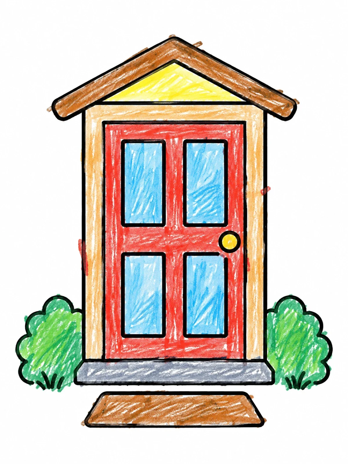 Colored example of the Simple Front Door With Bushes coloring page