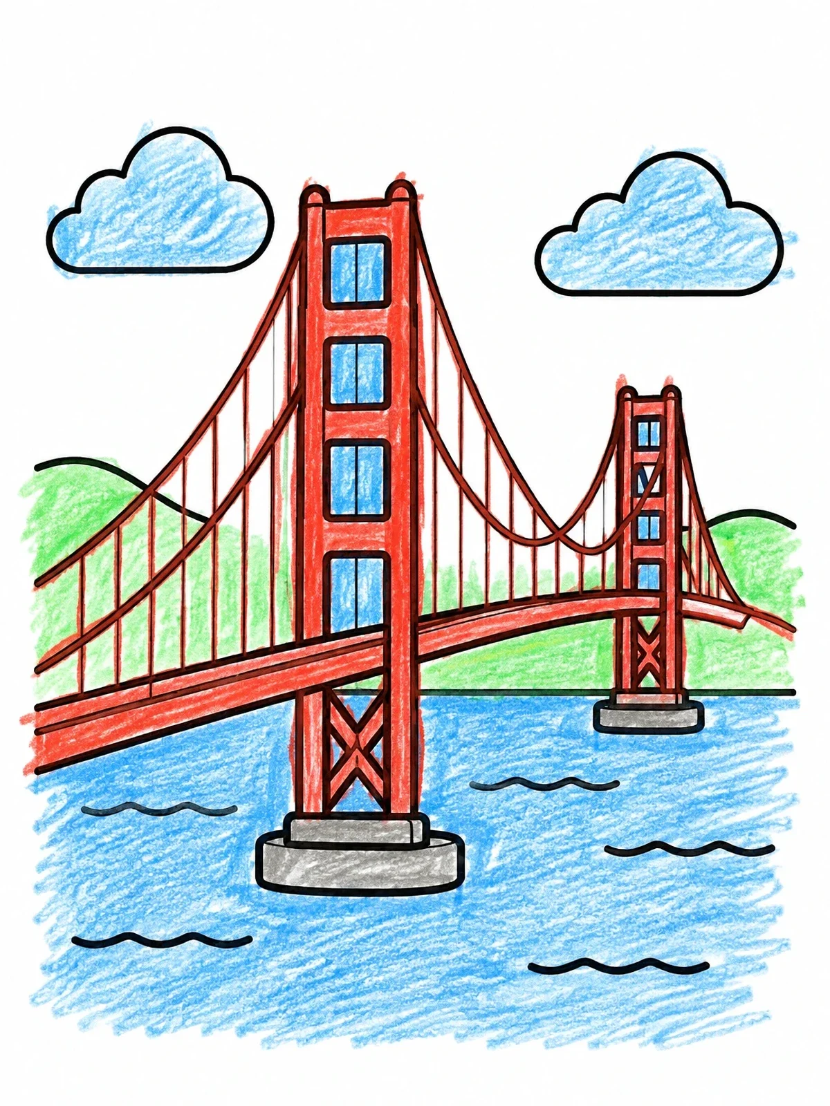 Colored example of the Simple Golden Gate Bridge View coloring page