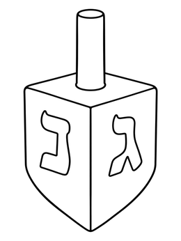 A clear dreidel hanukkah coloring page featuring bold lines and Hebrew letters.