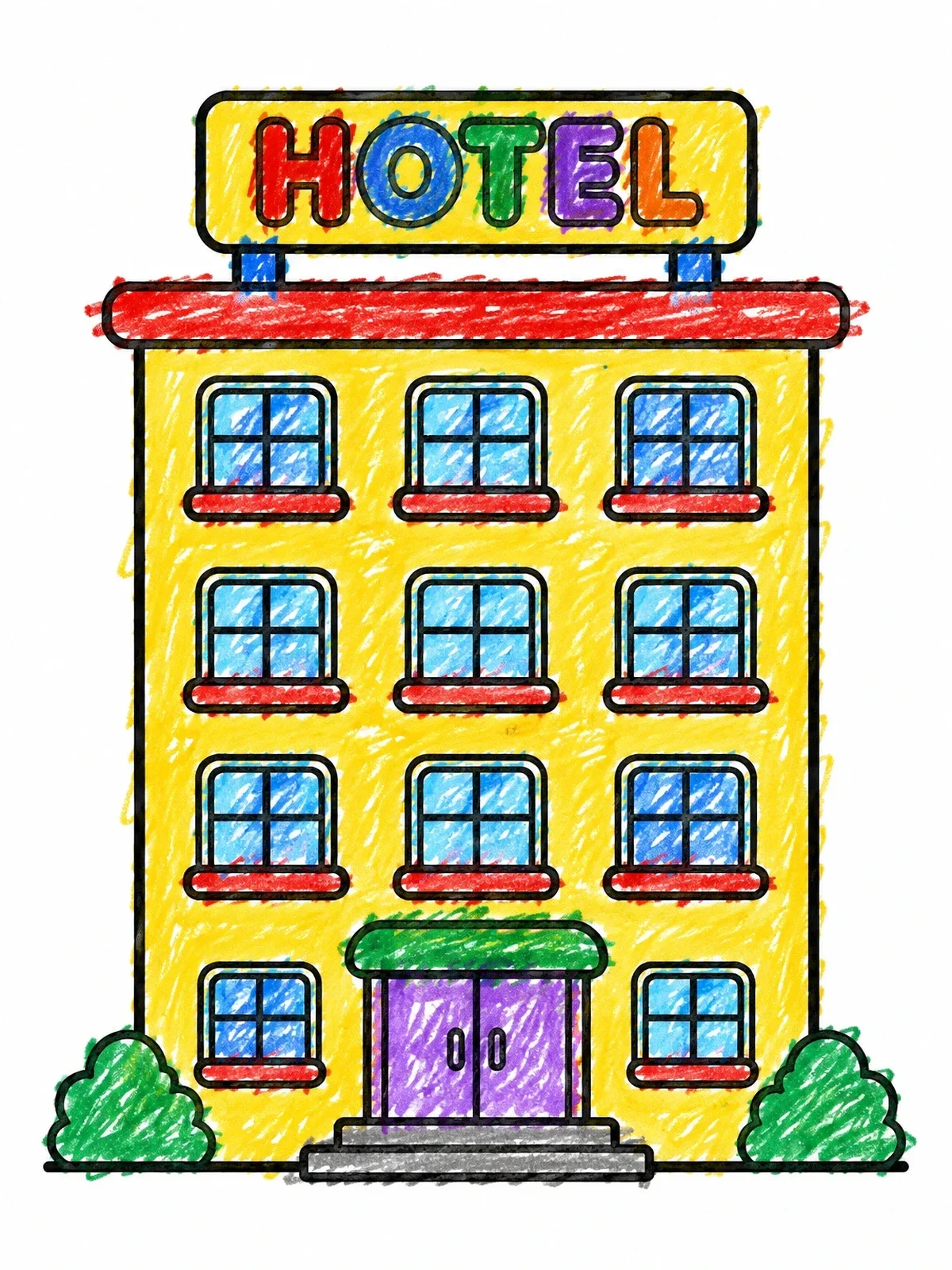 Colored example of the Simple Hotel Building With Big Sign coloring page