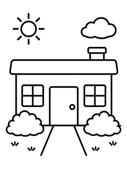 Free printable Simple House With Sun And Bushes coloring page