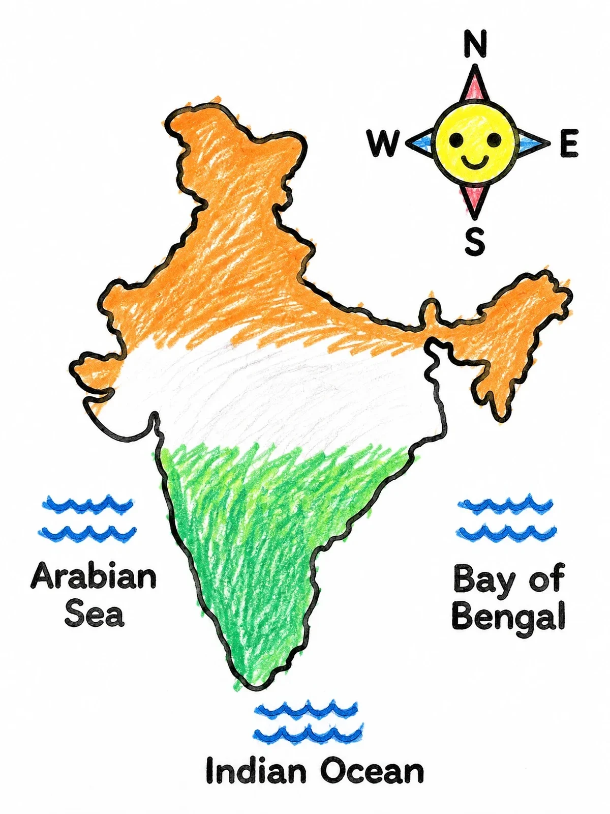 Colored example of the Simple Map Of India With Compass coloring page