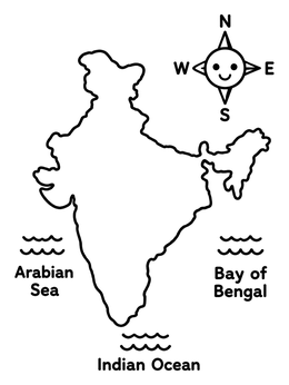 Free printable Simple Map Of India With Compass coloring page