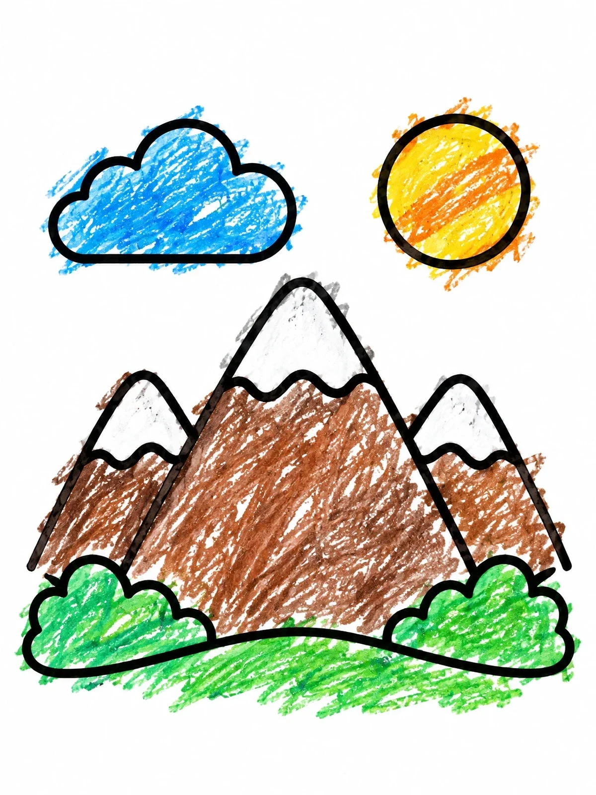 Colored example of the Simple Mountain Peaks With Sun And Cloud coloring page