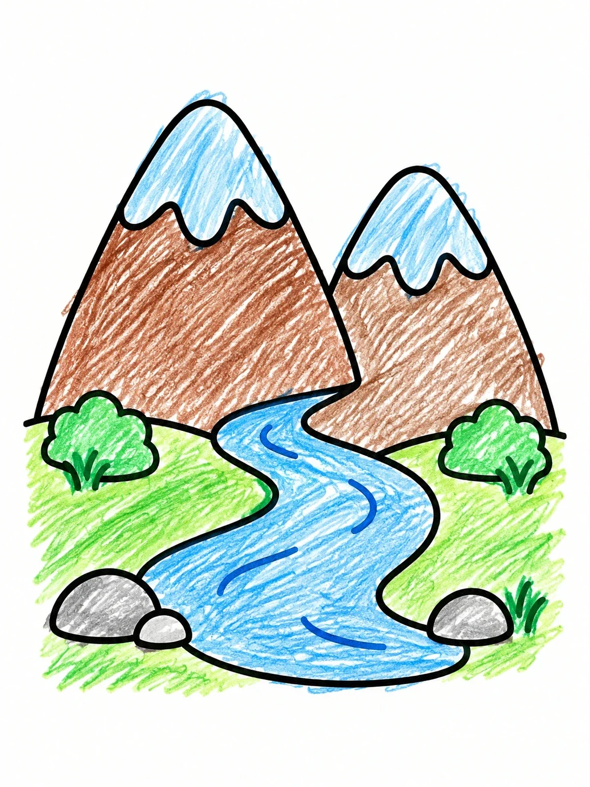 Colored example of the Simple Mountains And Winding River coloring page