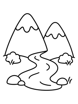 Two snow-capped peaks and a winding stream in this easy mountain coloring page.