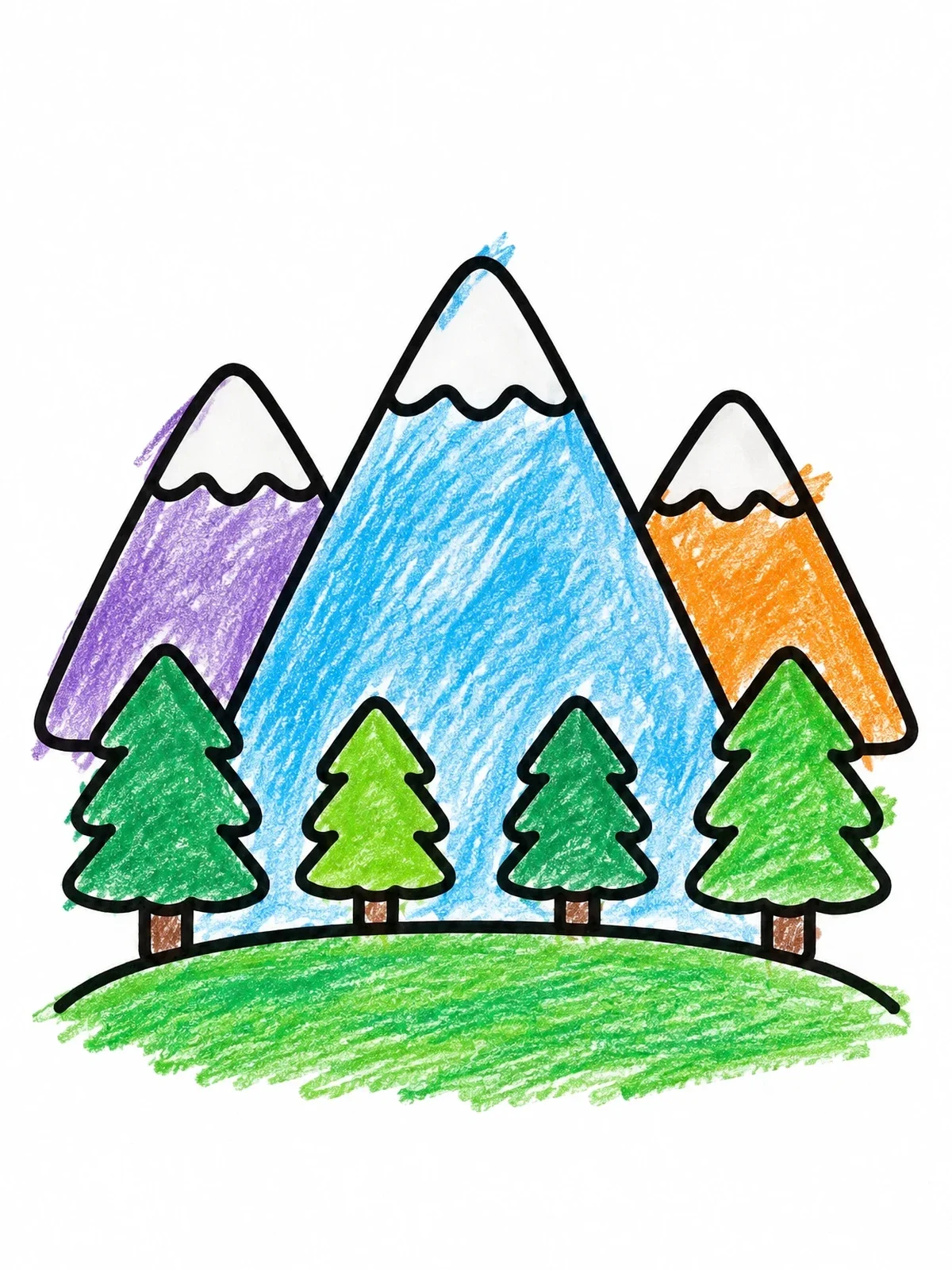 Colored example of the Simple Mountains And Pine Trees coloring page