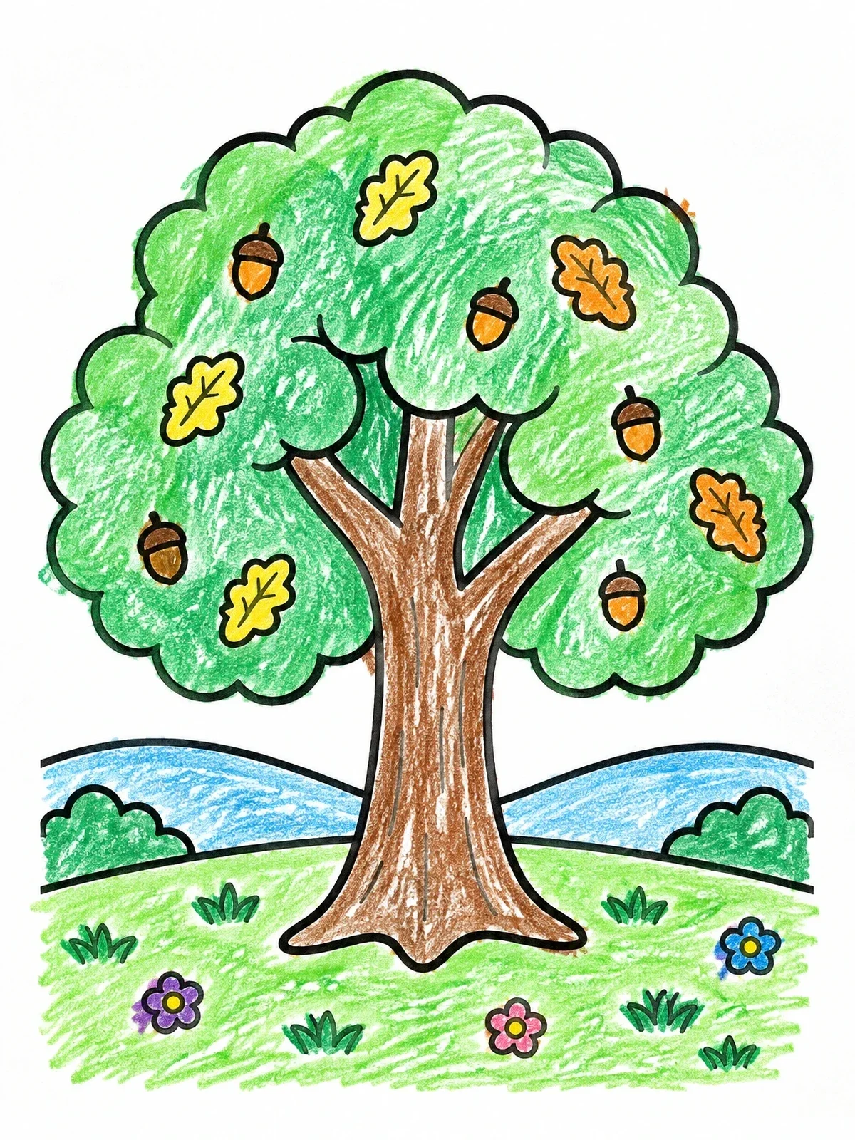 Colored example of the Simple Oak Tree With Acorns coloring page