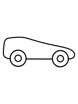 A simple derby car coloring page shown from the side with bold outlines.