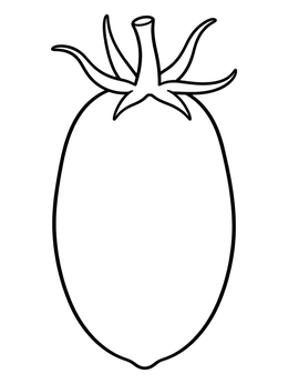 A clear outline in this tomato coloring page shows an oval Roma plum tomato with a leafy stem.