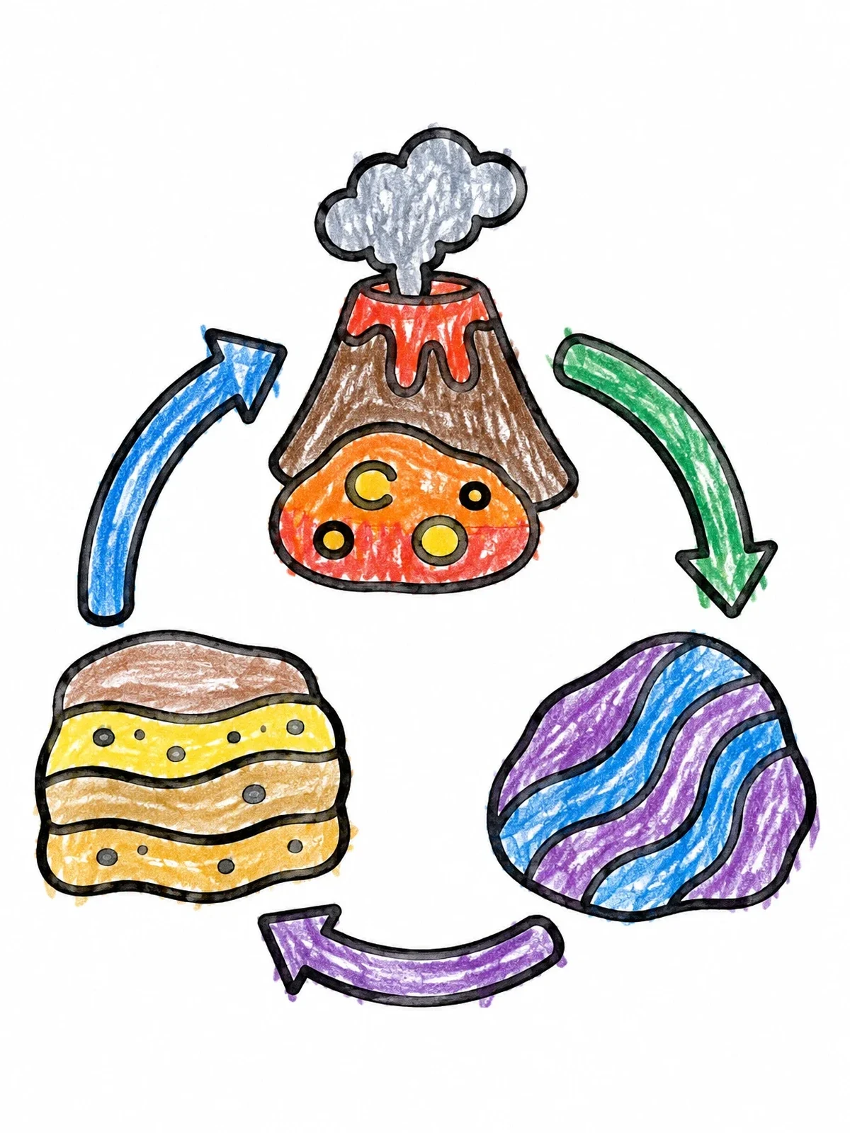 Colored example of the Simple Rock Cycle Diagram coloring page