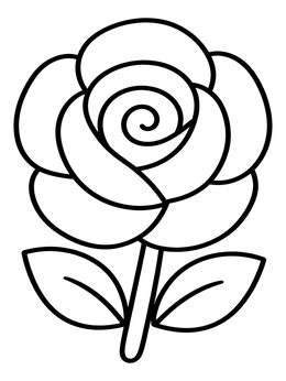A simple rose coloring page featuring bold petals and two leaves on a short stem.