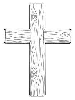 A simple wooden cross coloring page with realistic grain texture and knots.