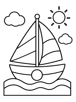 A simple sailboat stained glass coloring page with the sun and clouds.