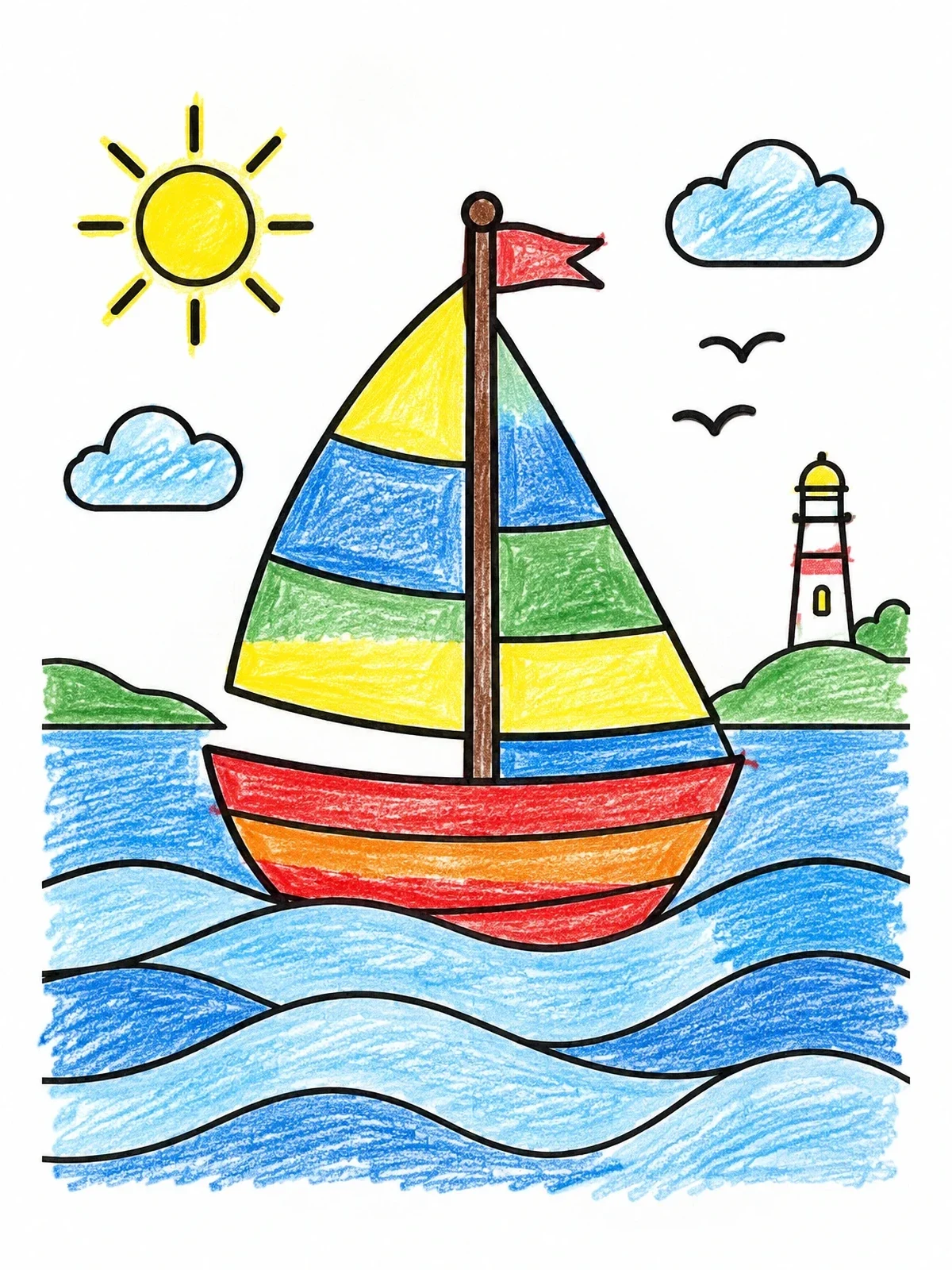 Colored example of the Sailboat On Gentle Waves coloring page