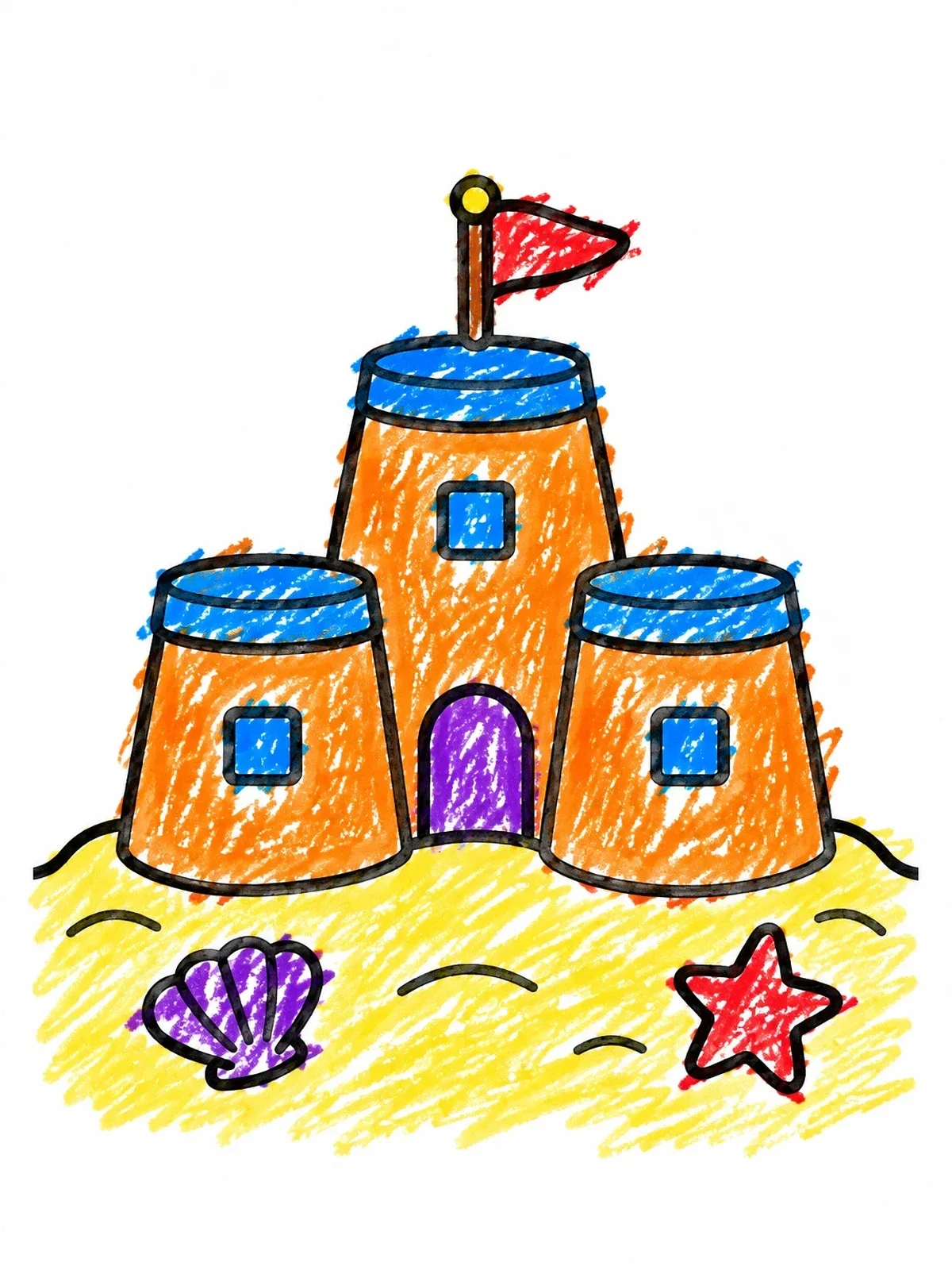 Colored example of the Simple Sandcastle With Shell And Starfish coloring page