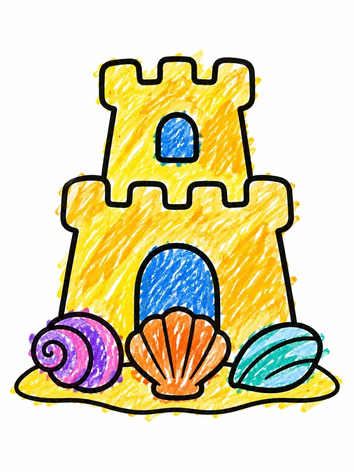 Colored example of the Simple Sandcastle With Seashells coloring page