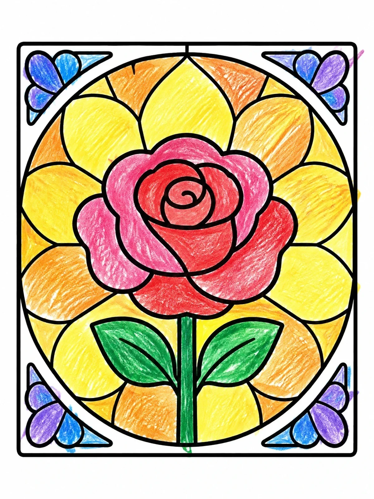Colored example of the Simple Stained Glass Rose coloring page
