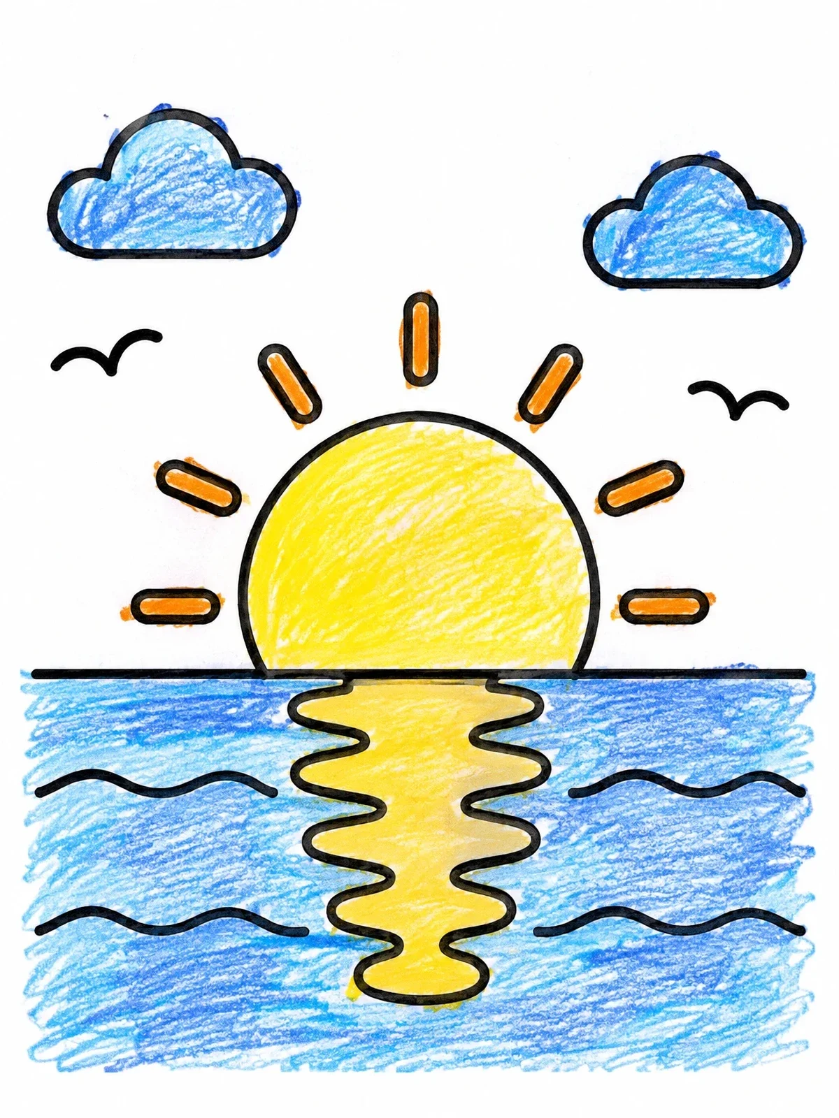 Colored example of the Sunset Over The Calm Ocean coloring page