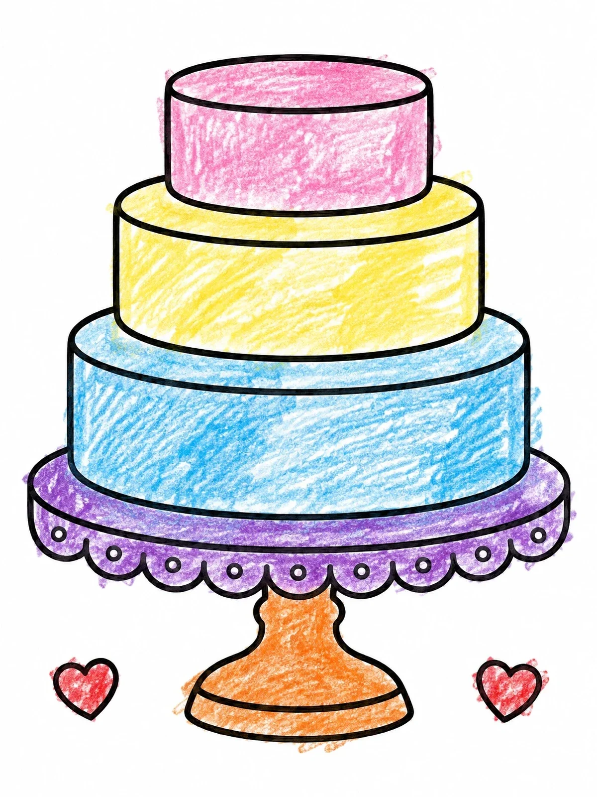 Colored example of the Simple Three Tier Celebration Cake coloring page