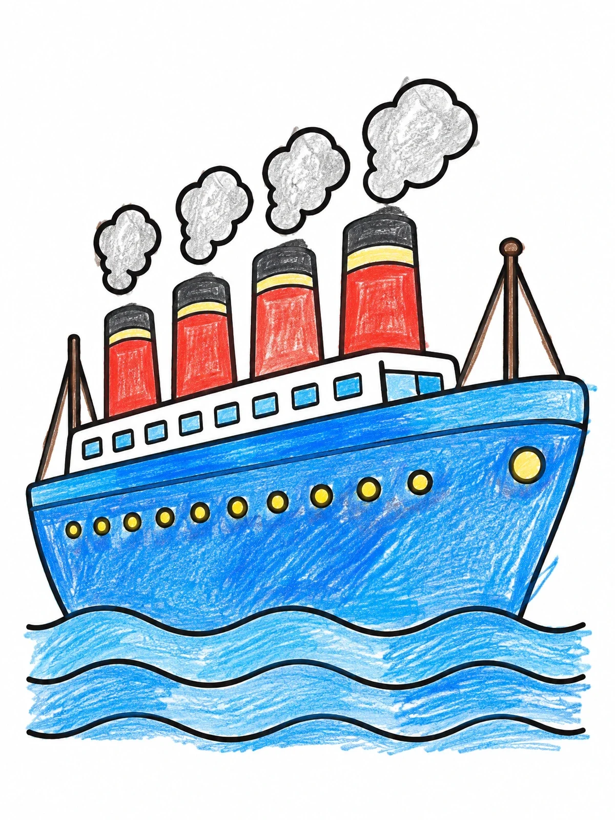 Colored example of the Simple Titanic Ocean Liner On Calm Waves coloring page
