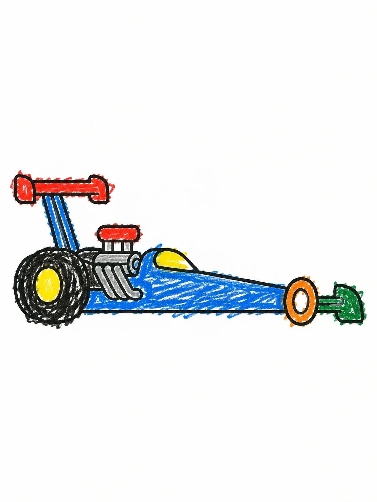 Colored example of the Simple Long Top Fuel Dragster coloring page