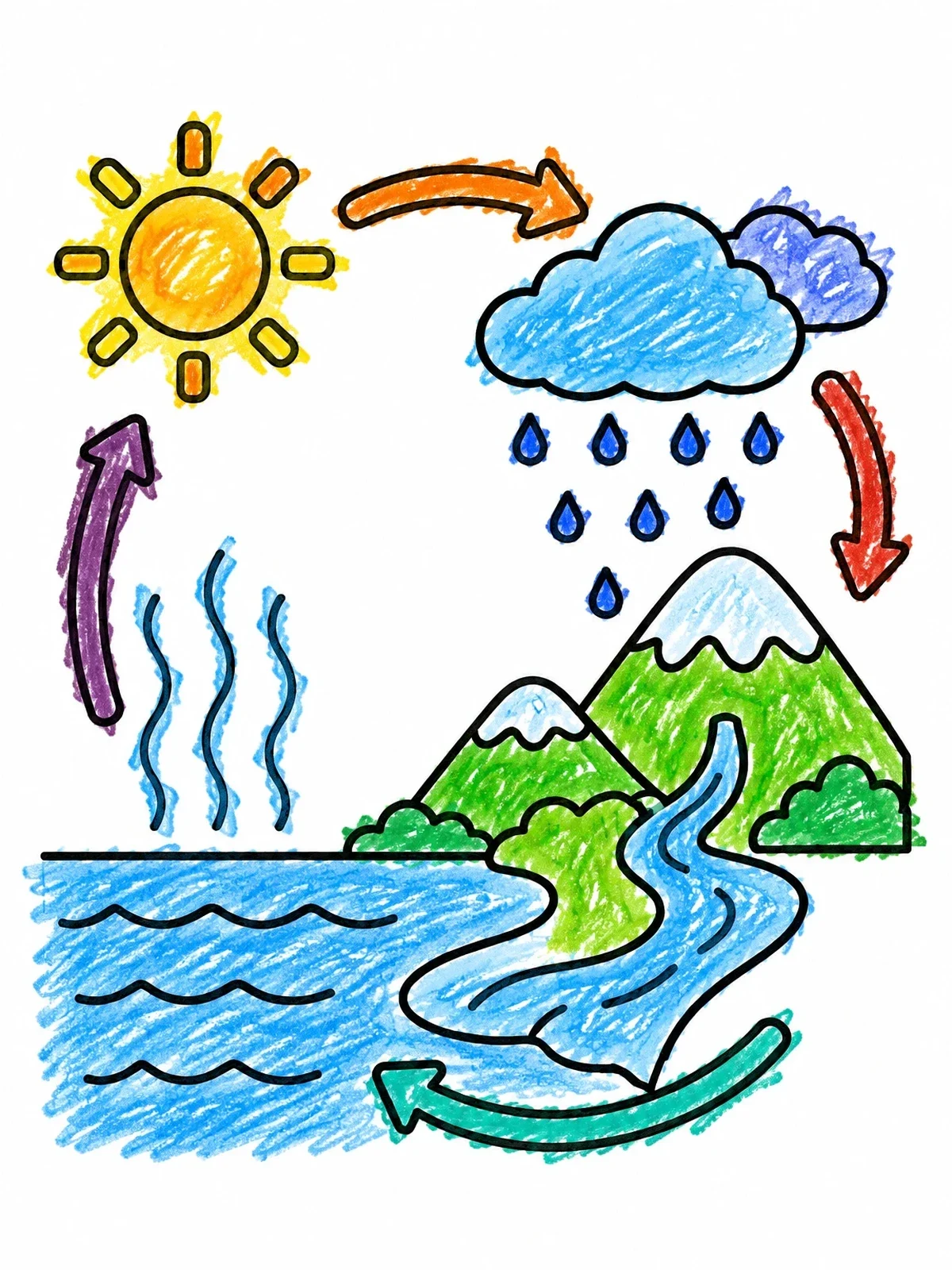 Colored example of the Simple Water Cycle Diagram coloring page