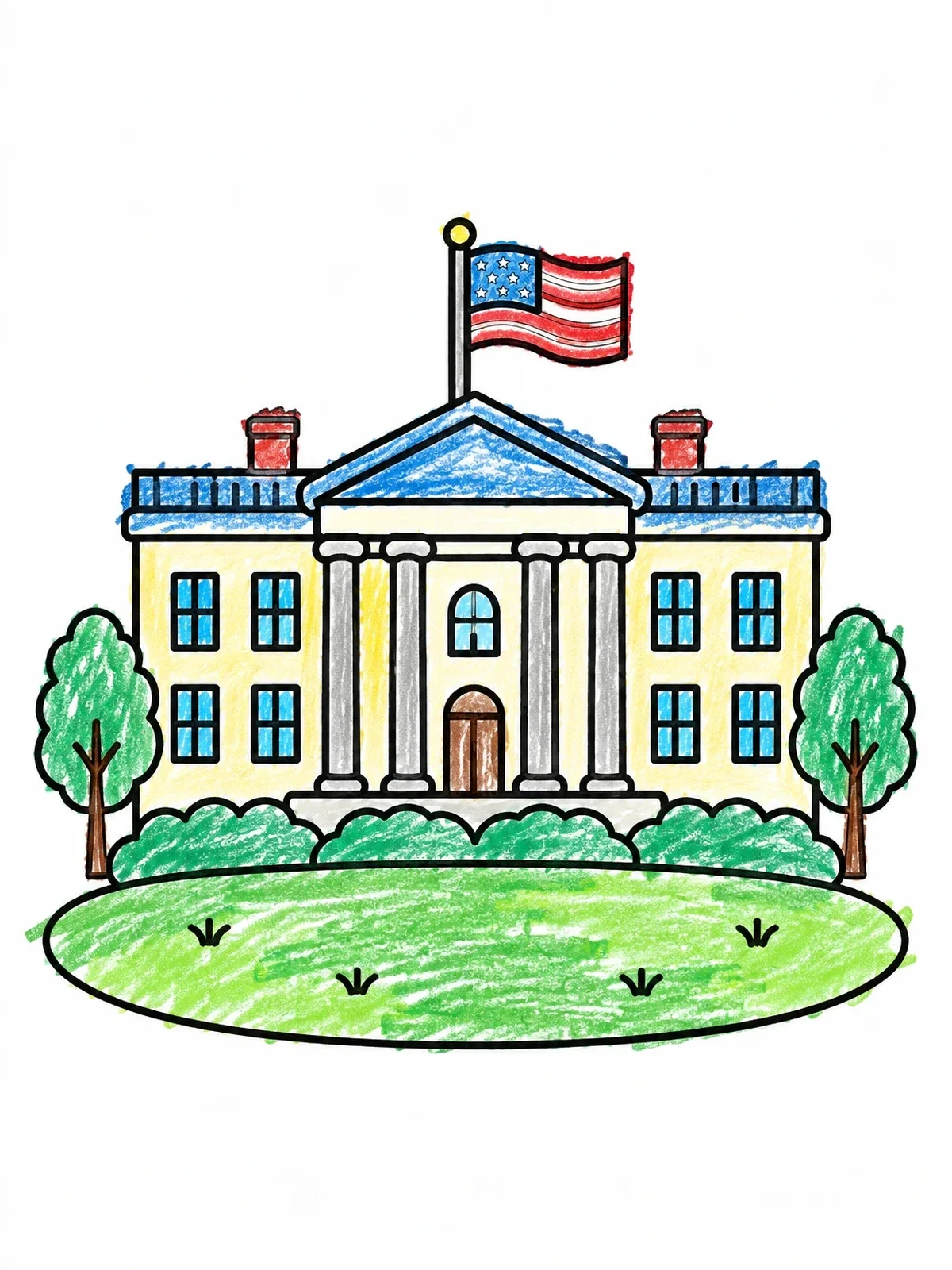 Colored example of the Simple White House With Flag coloring page